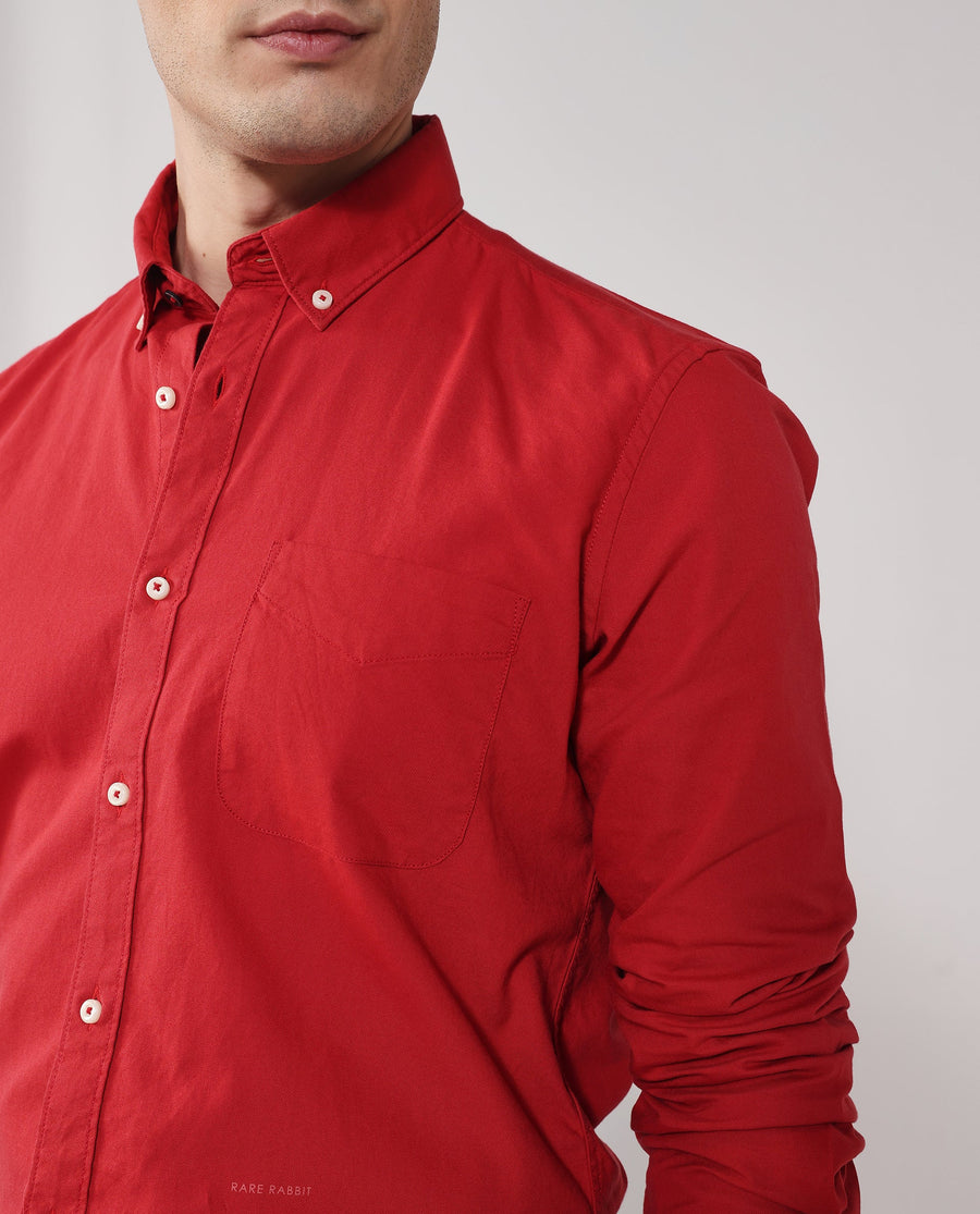 Rare Rabbit Men's Auxfo Red Cotton Plain Regular Fit Full Sleeve Button-Down Collar Shirt