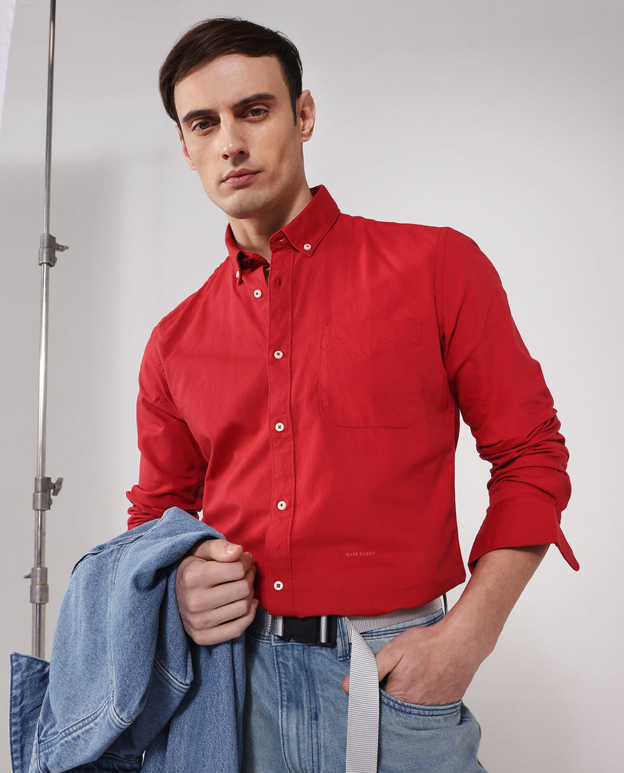 Rare Rabbit Men's Auxfo Red Cotton Plain Regular Fit Full Sleeve Button-Down Collar Shirt