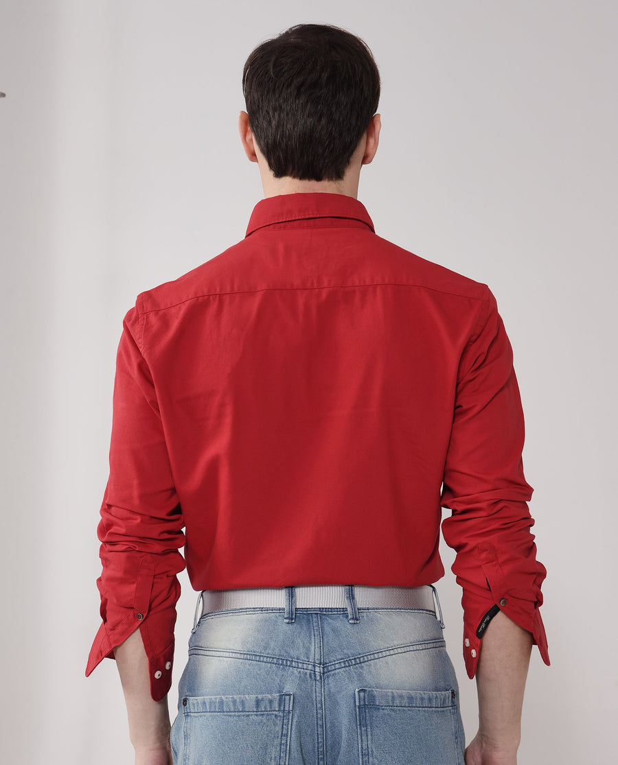 Rare Rabbit Men's Auxfo Red Cotton Plain Regular Fit Full Sleeve Button-Down Collar Shirt