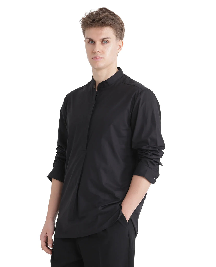 Rare Rabbit Men's Pach Black Cotton Plain Relaxed Fit Full Sleeve Collared Shirt