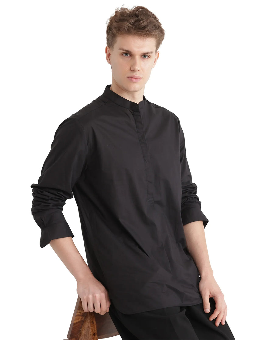 Rare Rabbit Men's Pach Black Cotton Plain Relaxed Fit Full Sleeve Collared Shirt