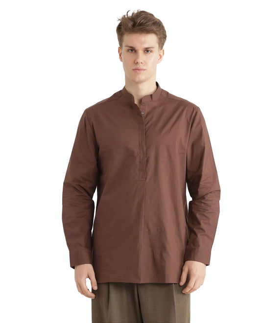 Rare Rabbit Men's Pach Brown Cotton Plain Relaxed Fit Full Sleeve Mandarin Collar Shirt