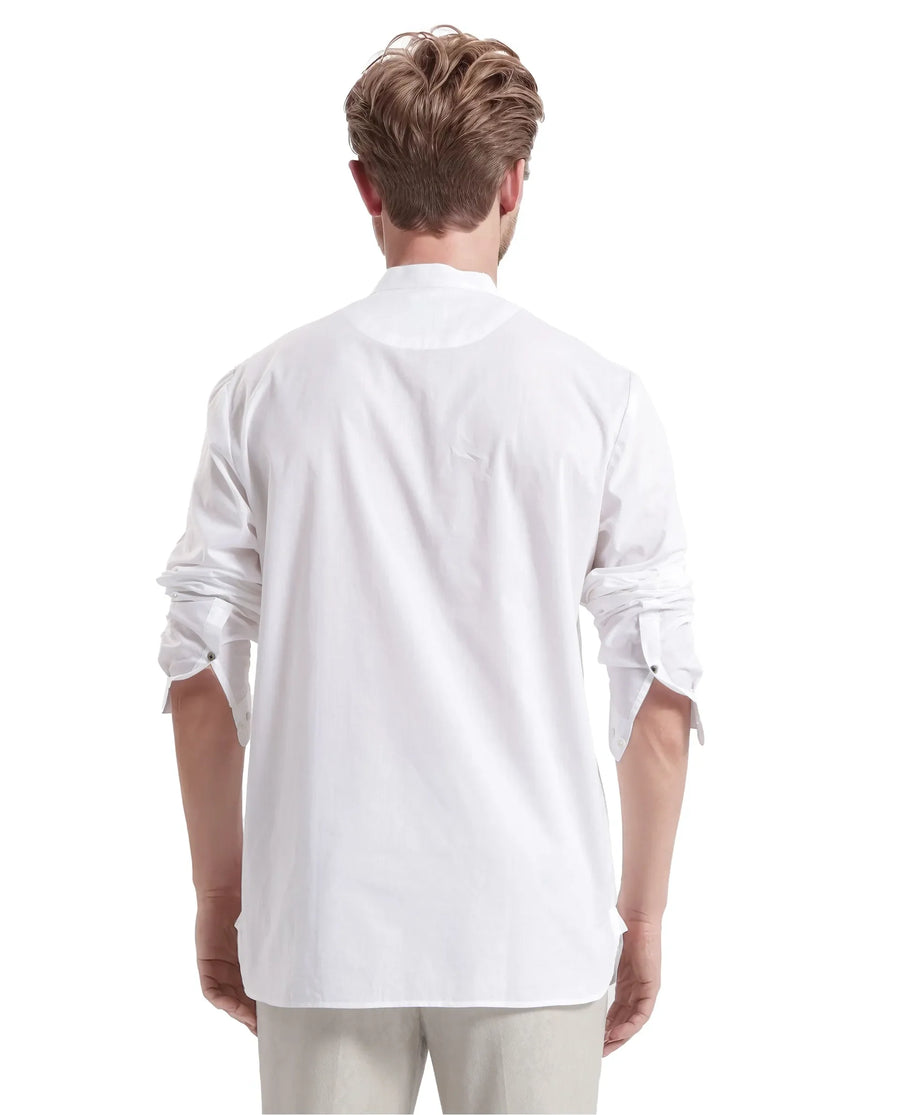 Rare Rabbit Men's Pach White Cotton Plain Regular Fit Full Sleeve Mandarin Collar Shirt