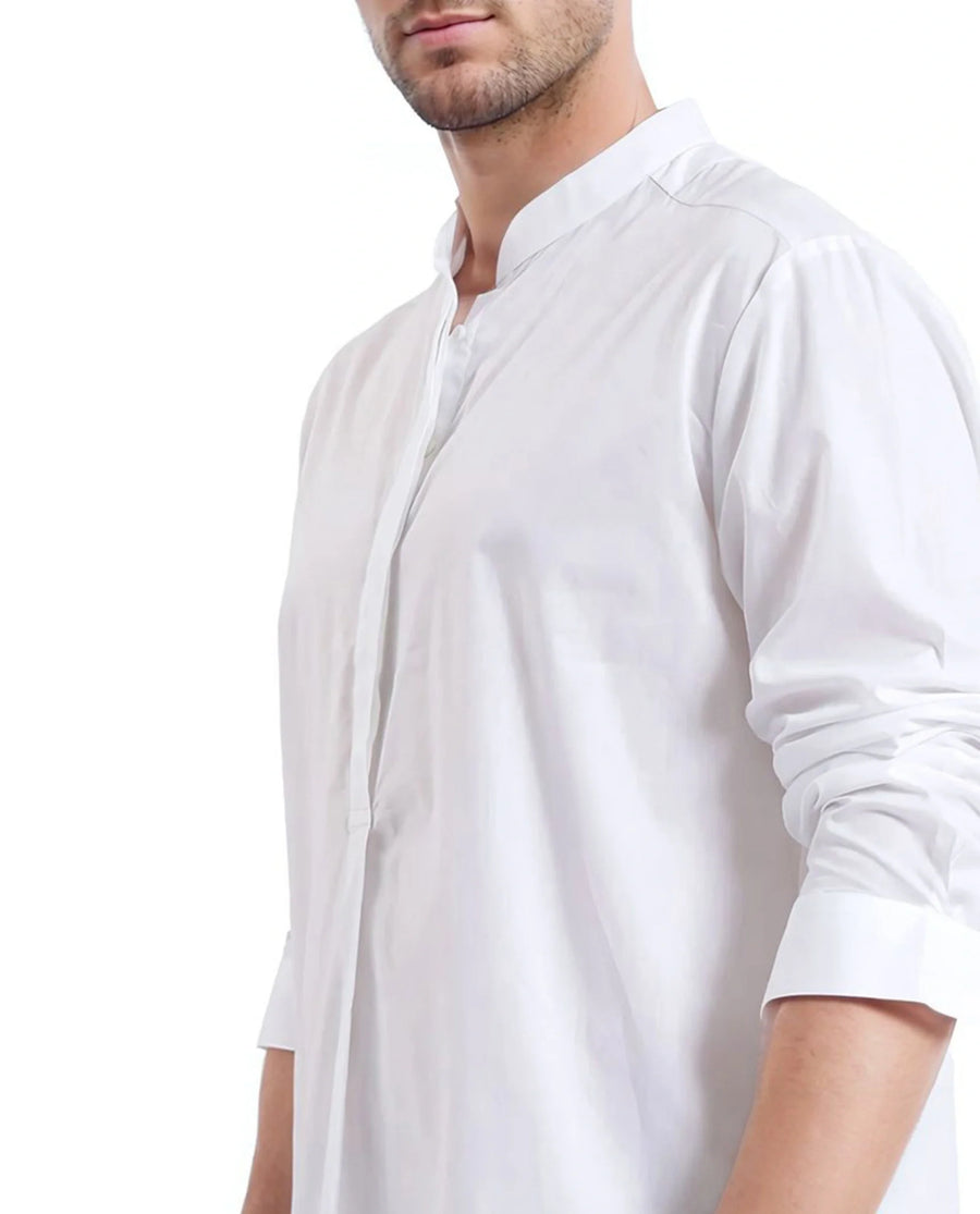 Rare Rabbit Men's Pach White Cotton Plain Regular Fit Full Sleeve Mandarin Collar Shirt
