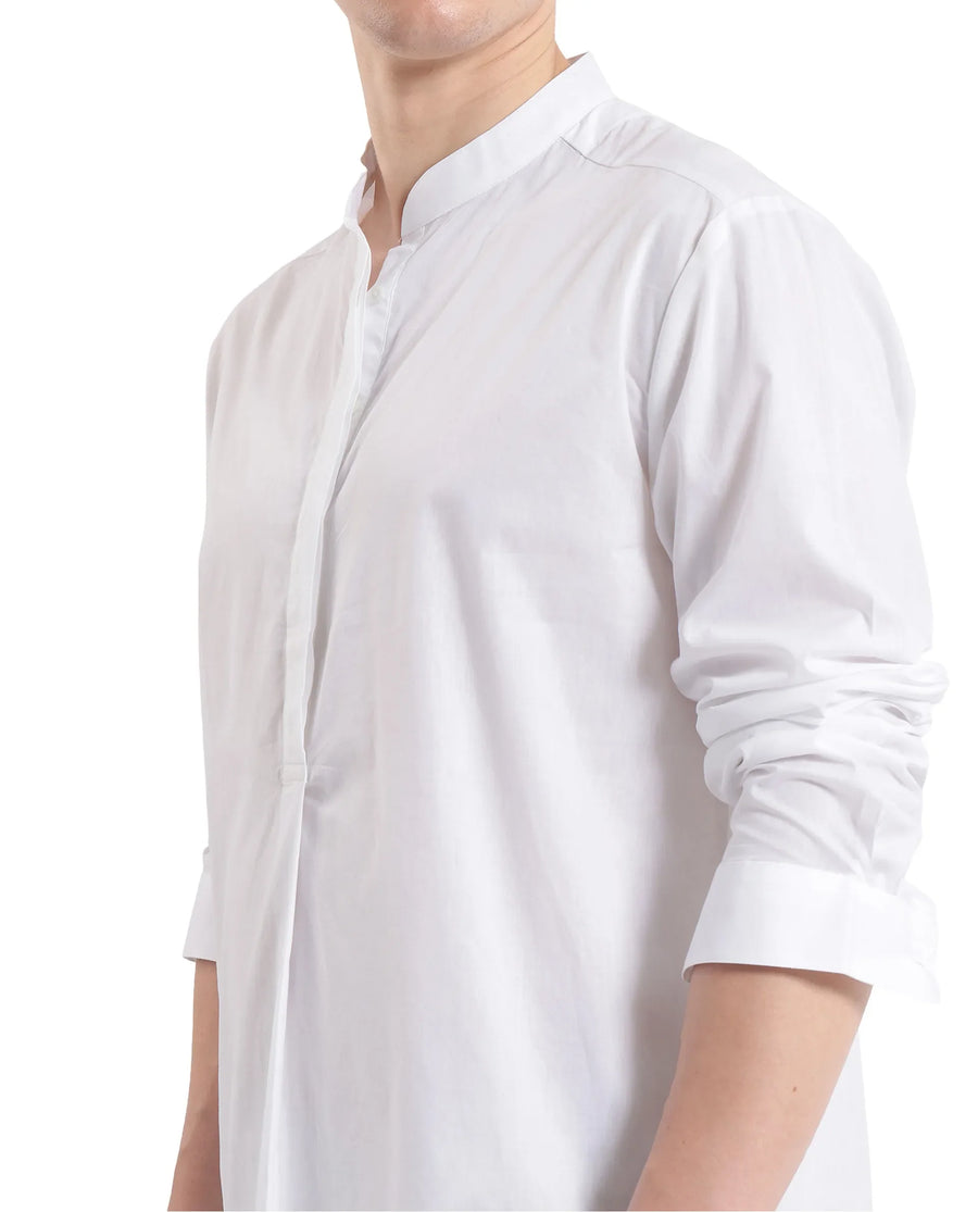 Rare Rabbit Men's Pach White Cotton Plain Regular Fit Full Sleeve Mandarin Collar Shirt
