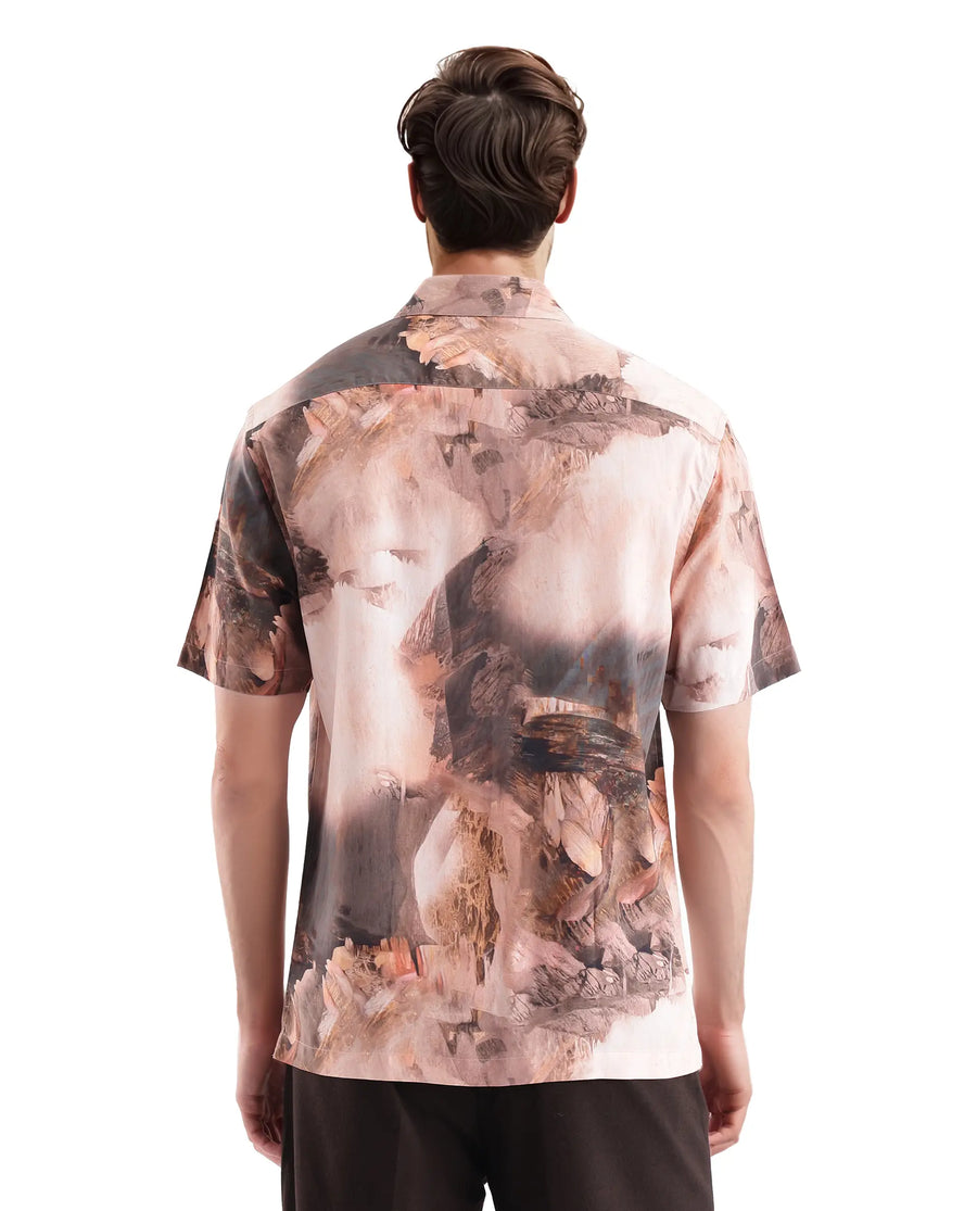 Rare Rabbit Men's Painter Peach Viscose Abstract Print Regular Fit Half Sleeve Collared Shirt