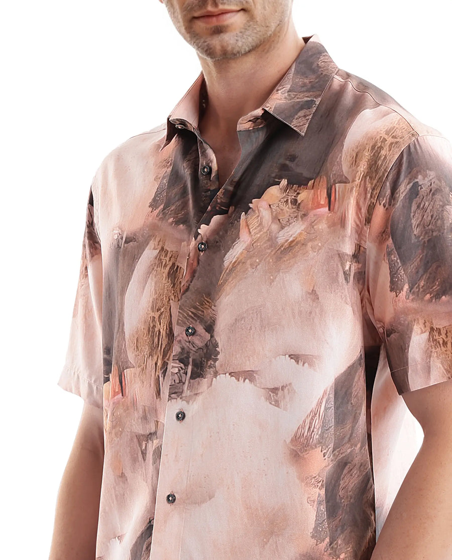 Rare Rabbit Men's Painter Peach Viscose Abstract Print Regular Fit Half Sleeve Collared Shirt