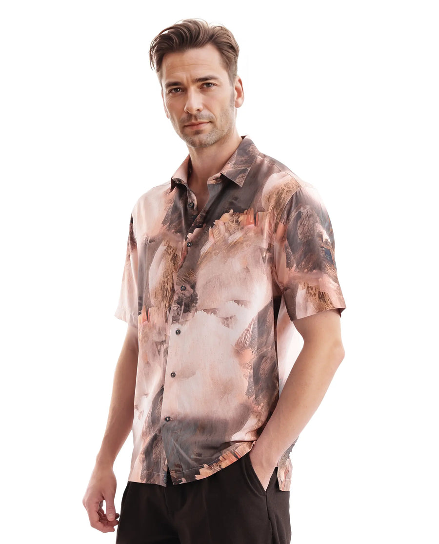Rare Rabbit Men's Painter Peach Viscose Abstract Print Regular Fit Half Sleeve Collared Shirt