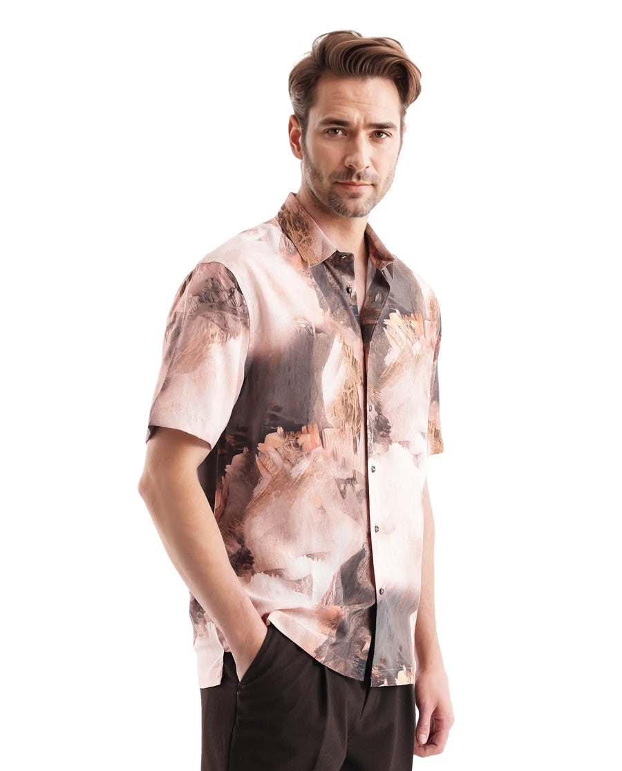 Rare Rabbit Men's Painter Peach Viscose Abstract Print Regular Fit Half Sleeve Collared Shirt