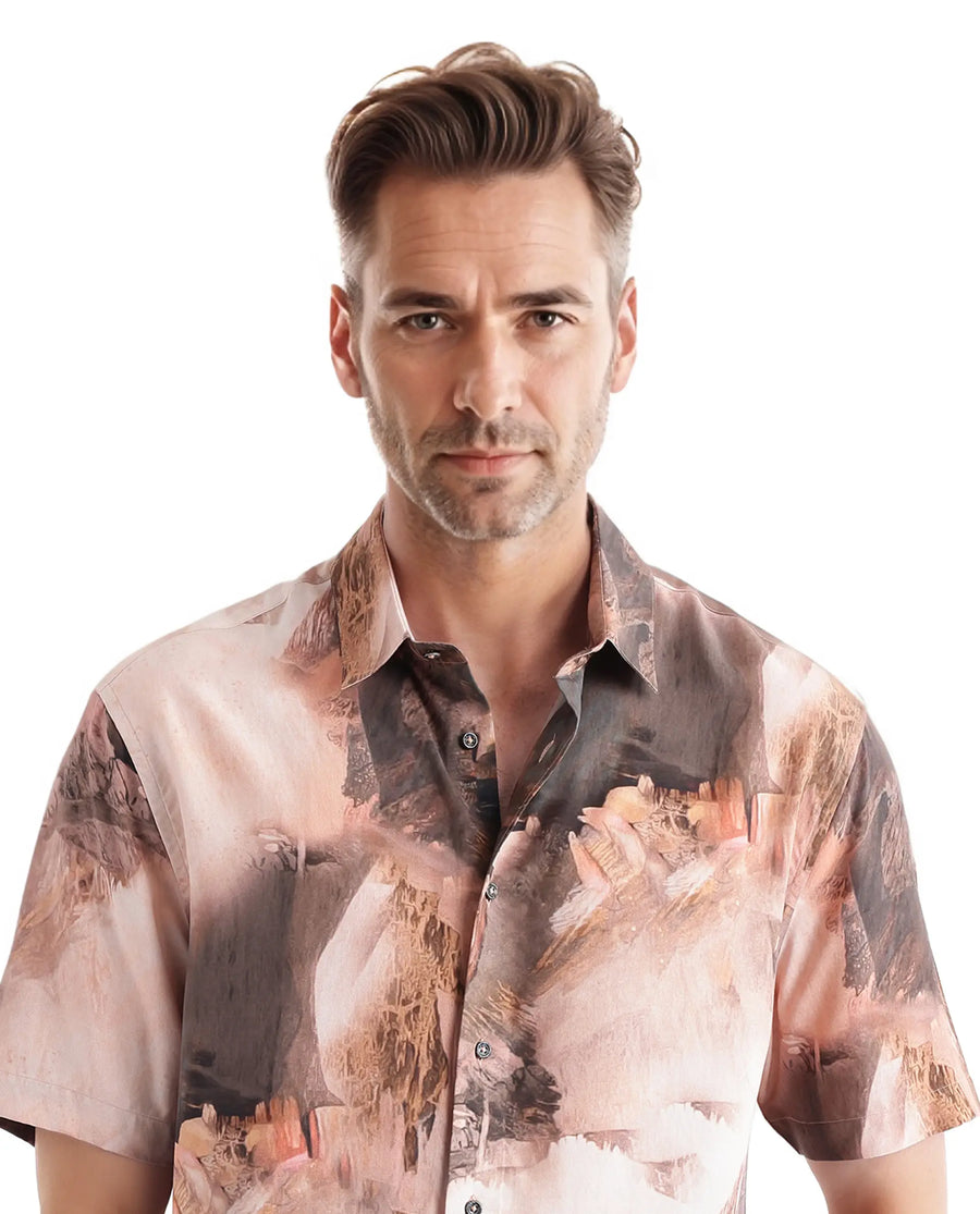 Rare Rabbit Men's Painter Peach Viscose Abstract Print Regular Fit Half Sleeve Collared Shirt