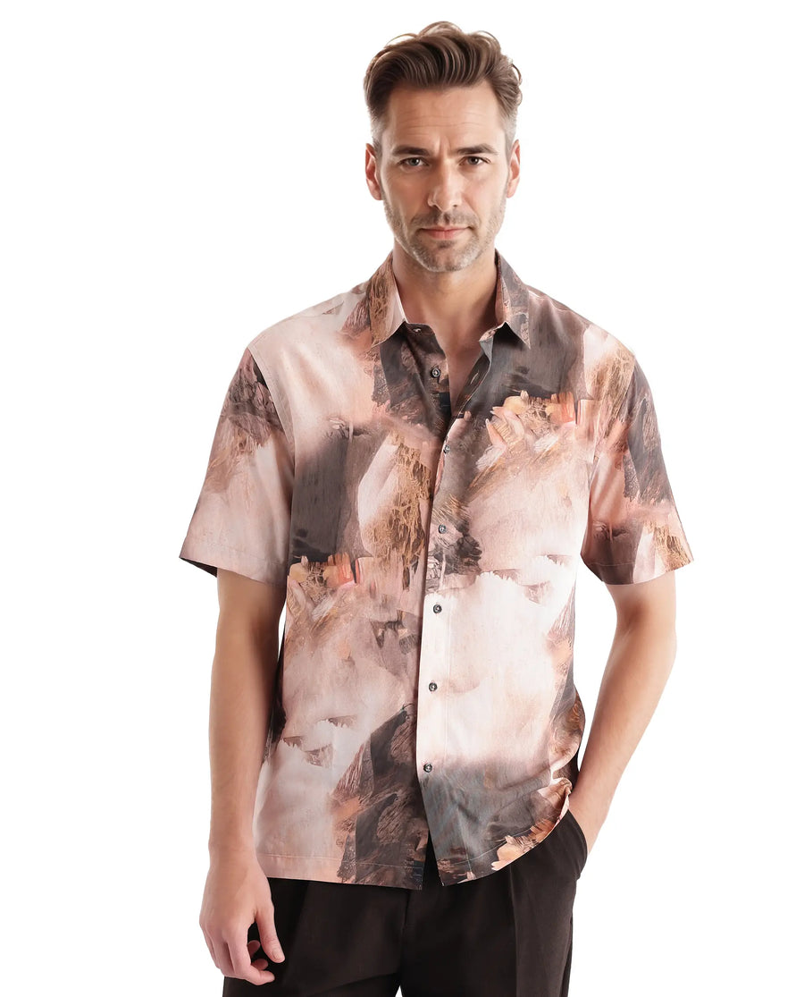 Rare Rabbit Men's Painter Peach Viscose Abstract Print Regular Fit Half Sleeve Collared Shirt