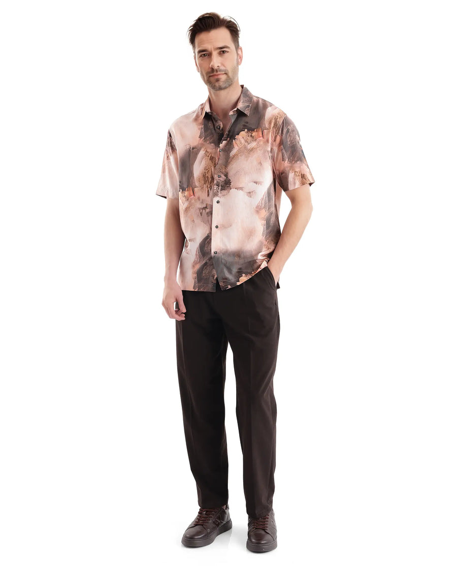Rare Rabbit Men's Painter Peach Viscose Abstract Print Regular Fit Half Sleeve Collared Shirt