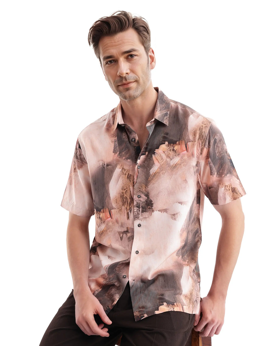 Rare Rabbit Men's Painter Peach Viscose Abstract Print Regular Fit Half Sleeve Collared Shirt