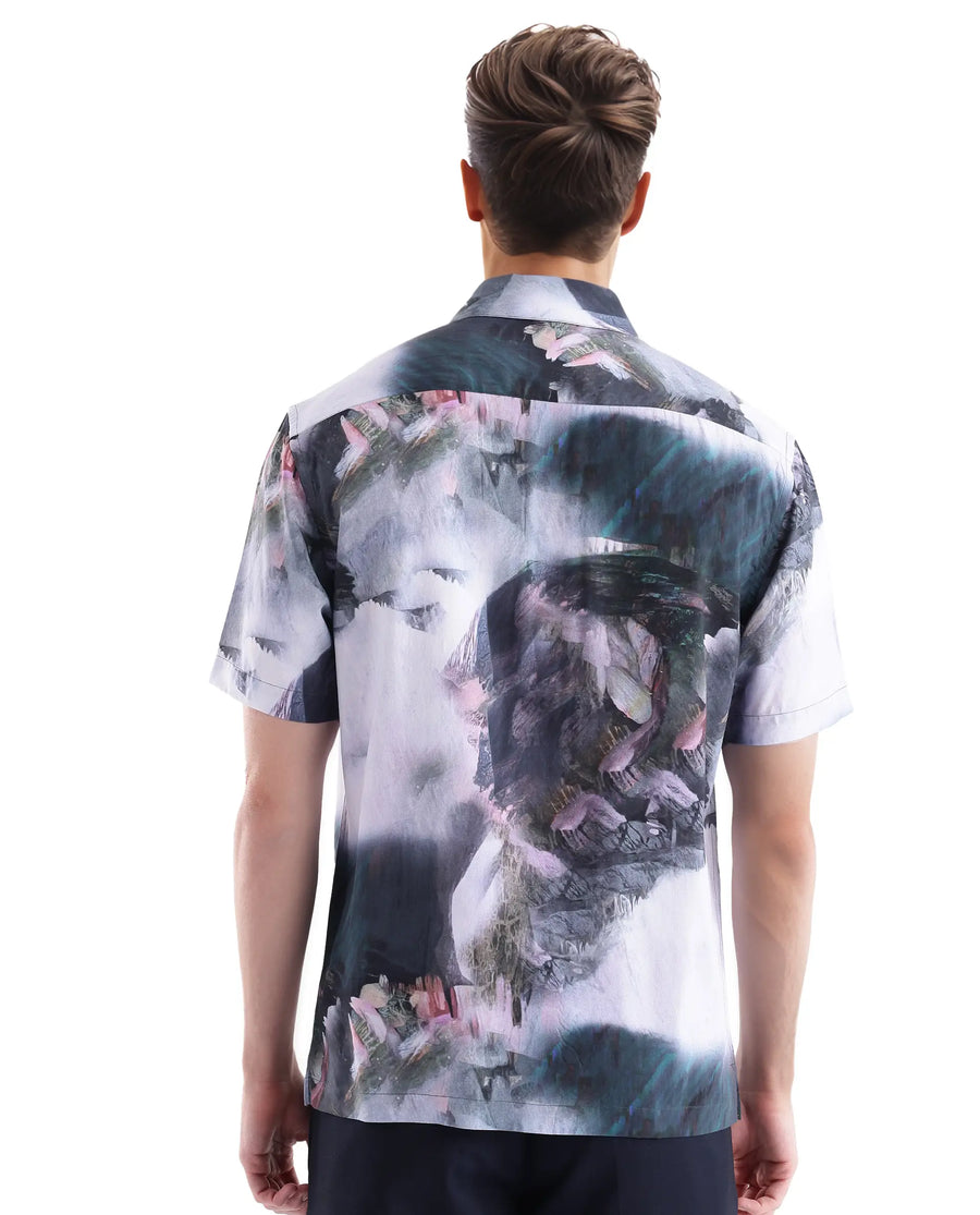 Rare Rabbit Men's Painter Purple Viscose Abstract Print Regular Fit Half Sleeve Collared Shirt