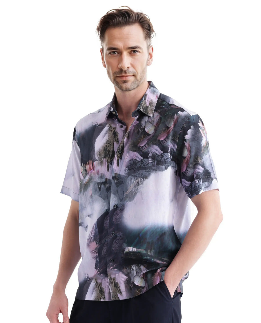 Rare Rabbit Men's Painter Purple Viscose Abstract Print Regular Fit Half Sleeve Collared Shirt