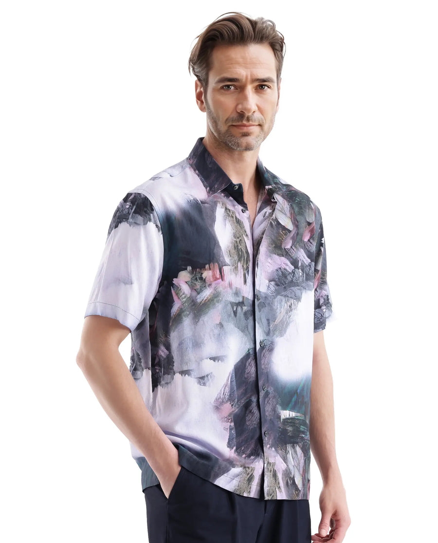 Rare Rabbit Men's Painter Purple Viscose Abstract Print Regular Fit Half Sleeve Collared Shirt