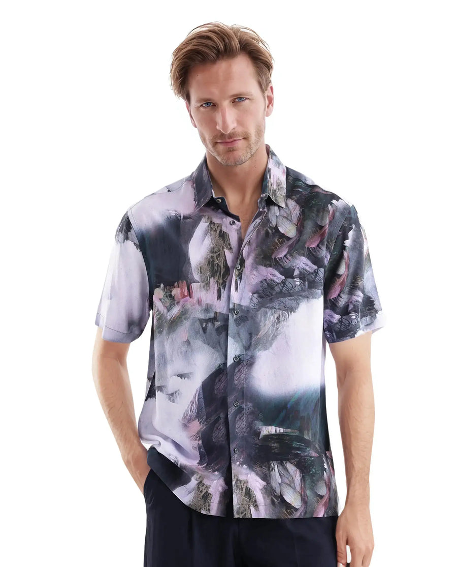 Rare Rabbit Men's Painter Purple Viscose Abstract Print Regular Fit Half Sleeve Collared Shirt