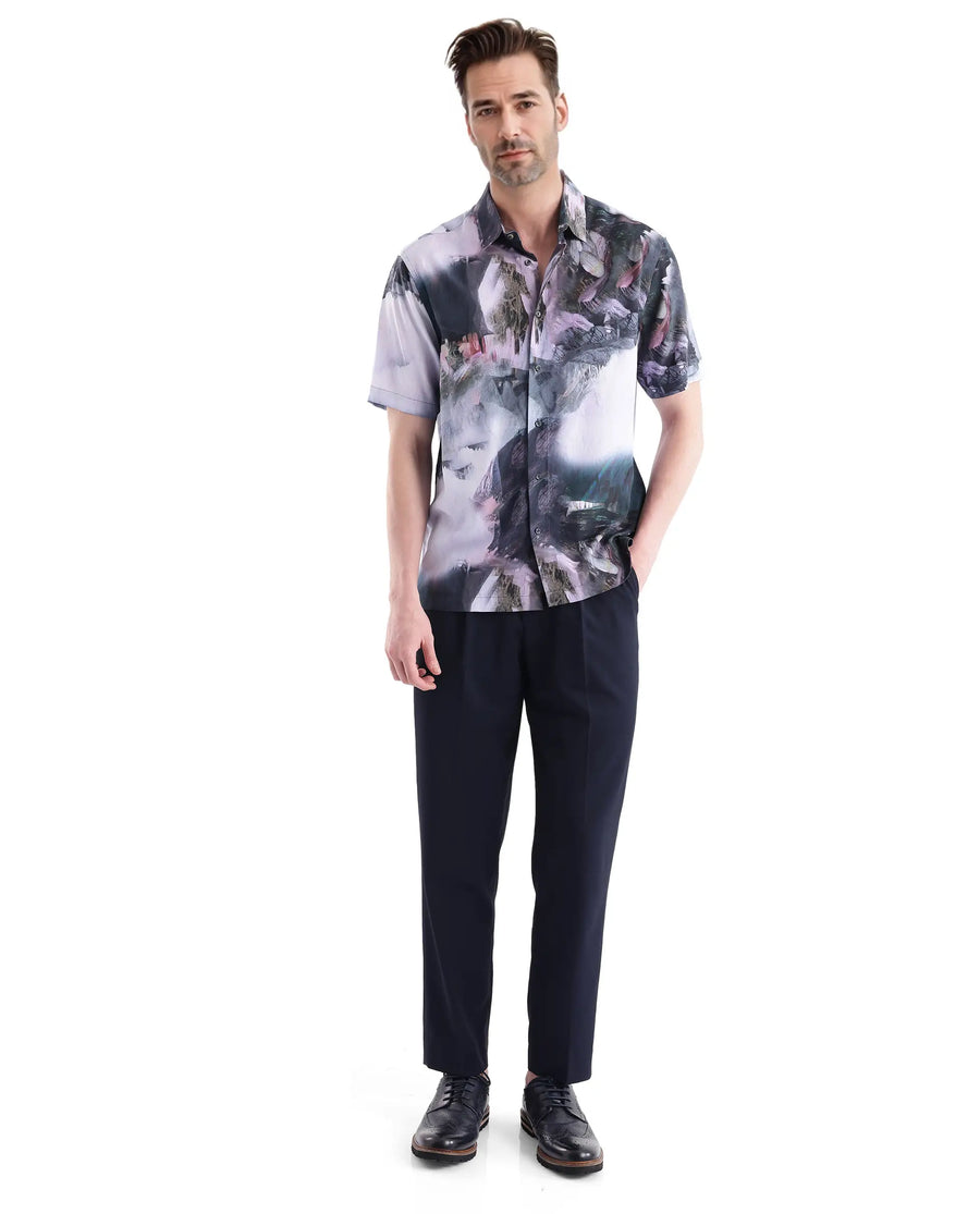 Rare Rabbit Men's Painter Purple Viscose Abstract Print Regular Fit Half Sleeve Collared Shirt