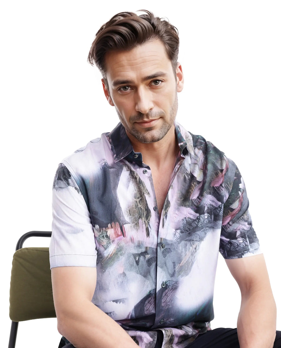 Rare Rabbit Men's Painter Purple Viscose Abstract Print Regular Fit Half Sleeve Collared Shirt