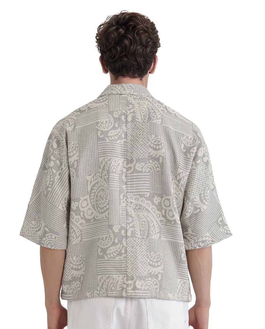 Rare Rabbit Men's Paisit Grey Cotton Jacquard Boxy Fit Half Sleeve Collared Shirt