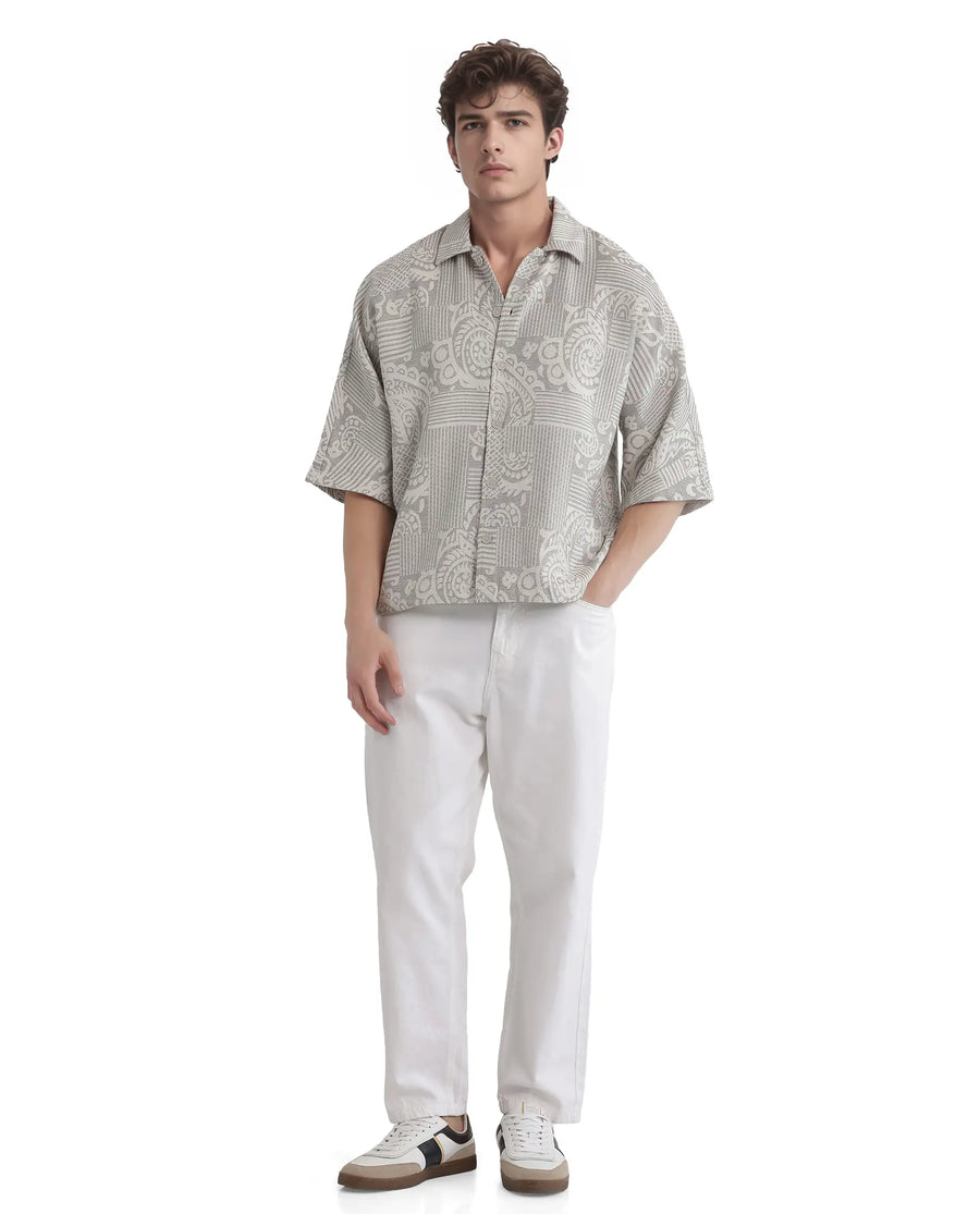 Rare Rabbit Men's Paisit Grey Cotton Jacquard Boxy Fit Half Sleeve Collared Shirt
