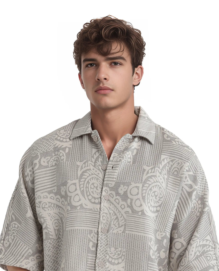 Rare Rabbit Men's Paisit Grey Cotton Jacquard Boxy Fit Half Sleeve Collared Shirt