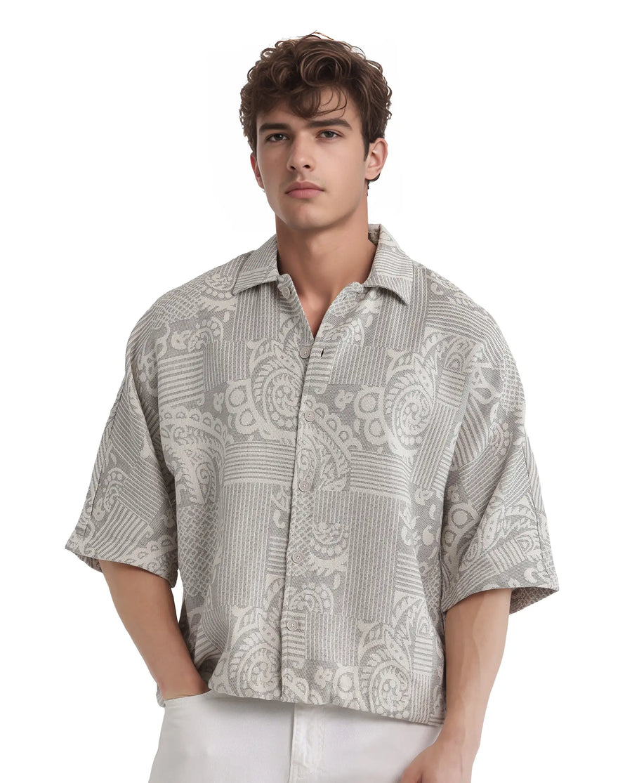 Rare Rabbit Men's Paisit Grey Cotton Jacquard Boxy Fit Half Sleeve Collared Shirt