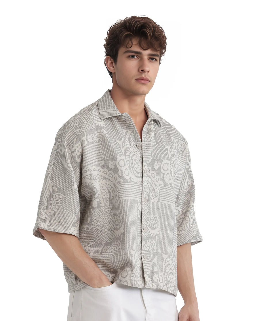 Rare Rabbit Men's Paisit Grey Cotton Jacquard Boxy Fit Half Sleeve Collared Shirt
