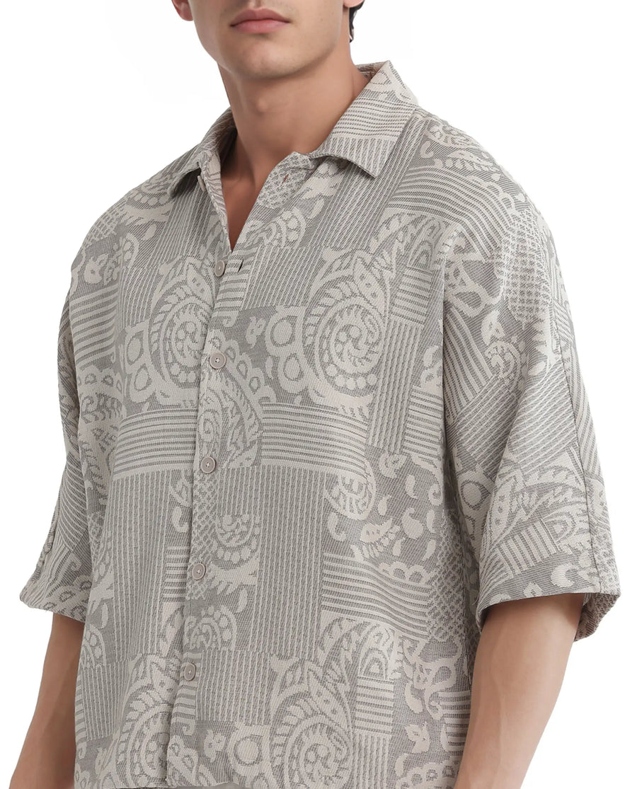 Rare Rabbit Men's Paisit Grey Cotton Jacquard Boxy Fit Half Sleeve Collared Shirt