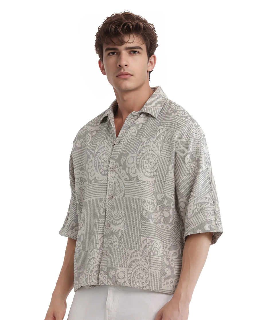Rare Rabbit Men's Paisit Grey Cotton Jacquard Boxy Fit Half Sleeve Collared Shirt