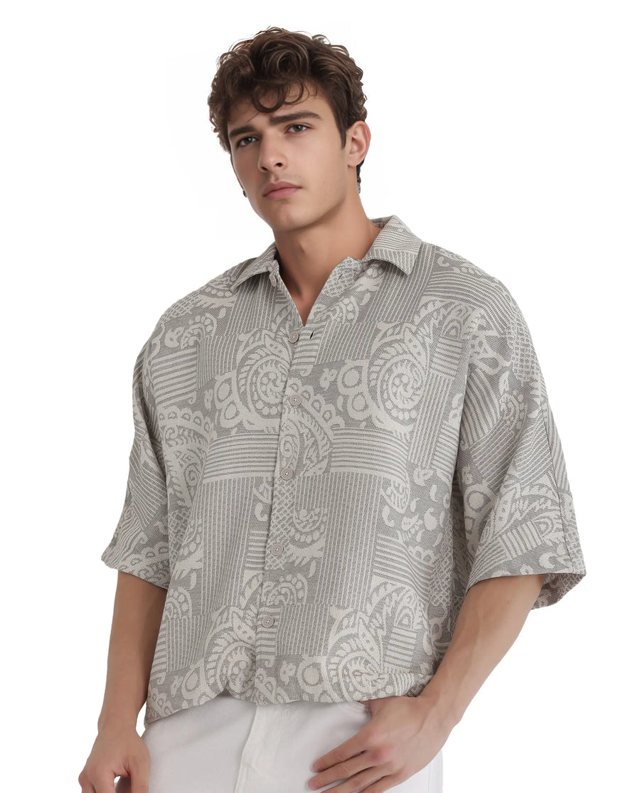 Rare Rabbit Men's Paisit Grey Cotton Jacquard Boxy Fit Half Sleeve Collared Shirt