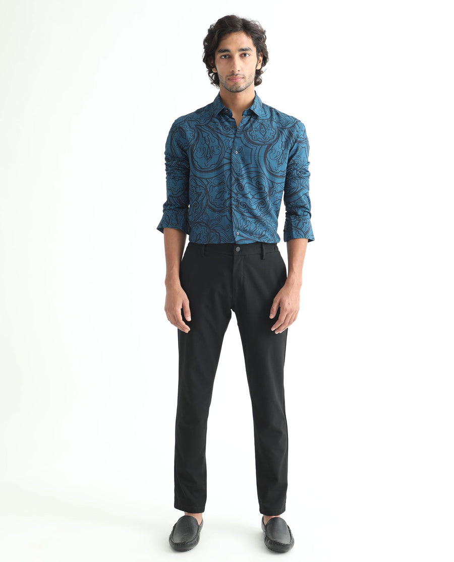 Rare Rabbit Men's Paisum Dark Blue Viscose Paisley Print Regular Fit Full Sleeve Collared Shirt