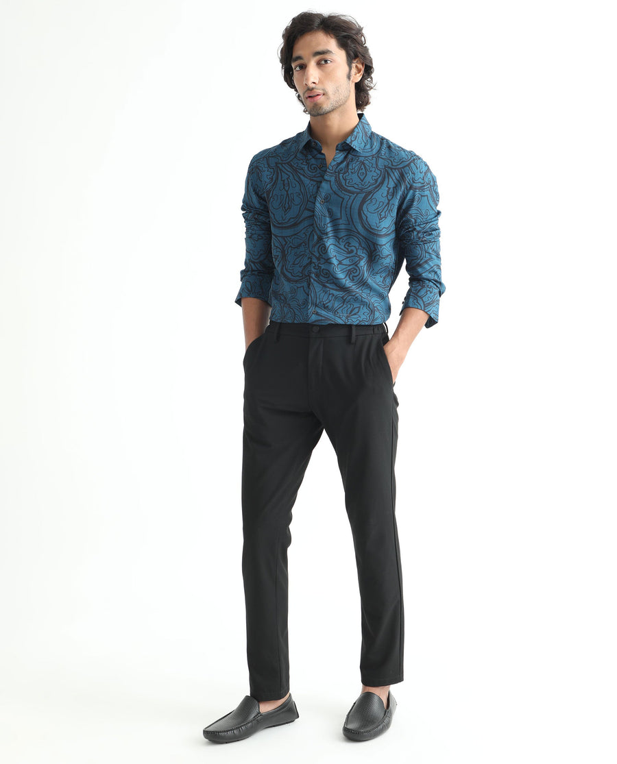 Rare Rabbit Men's Paisum Dark Blue Viscose Paisley Print Regular Fit Full Sleeve Collared Shirt