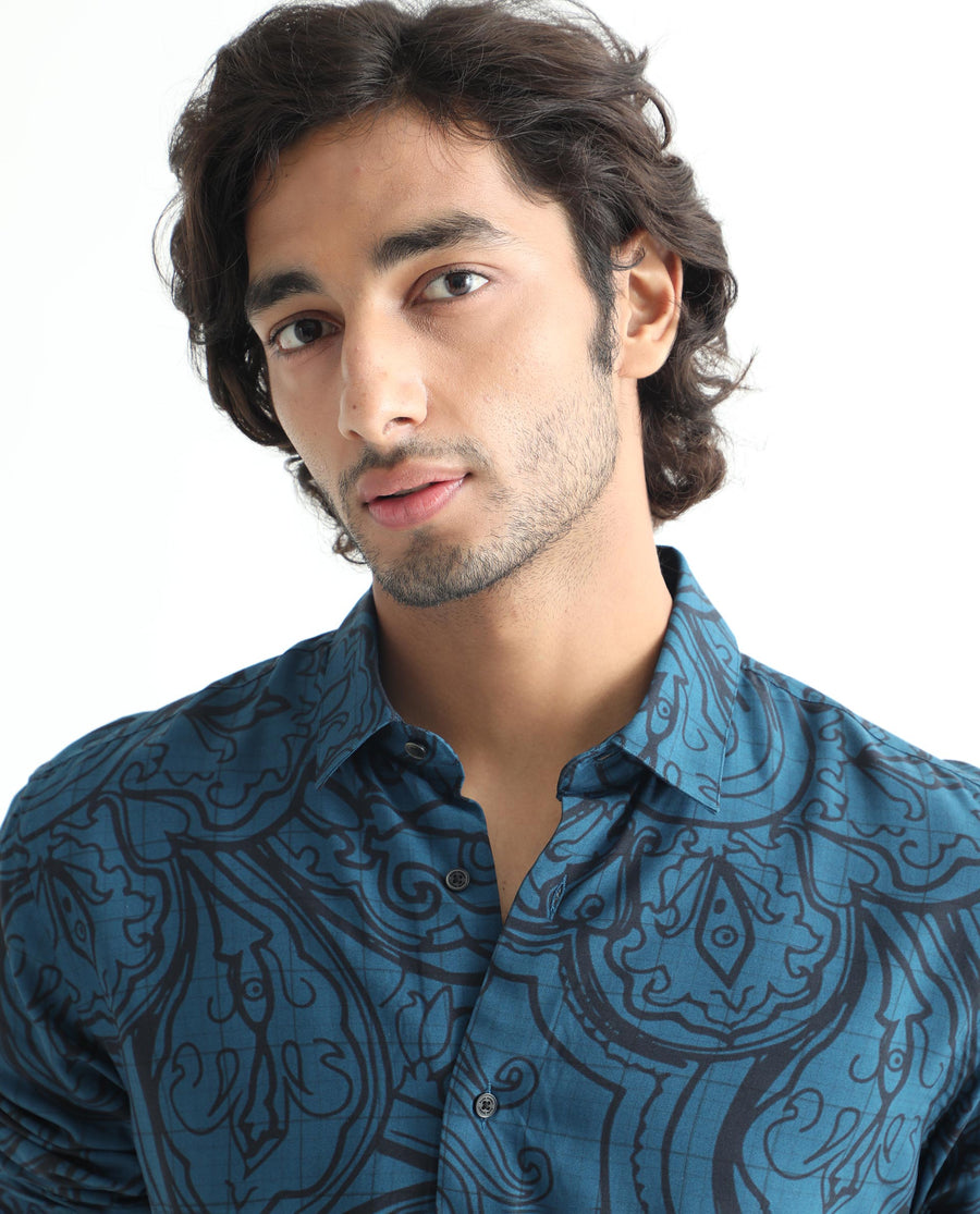 Rare Rabbit Men's Paisum Dark Blue Viscose Paisley Print Regular Fit Full Sleeve Collared Shirt