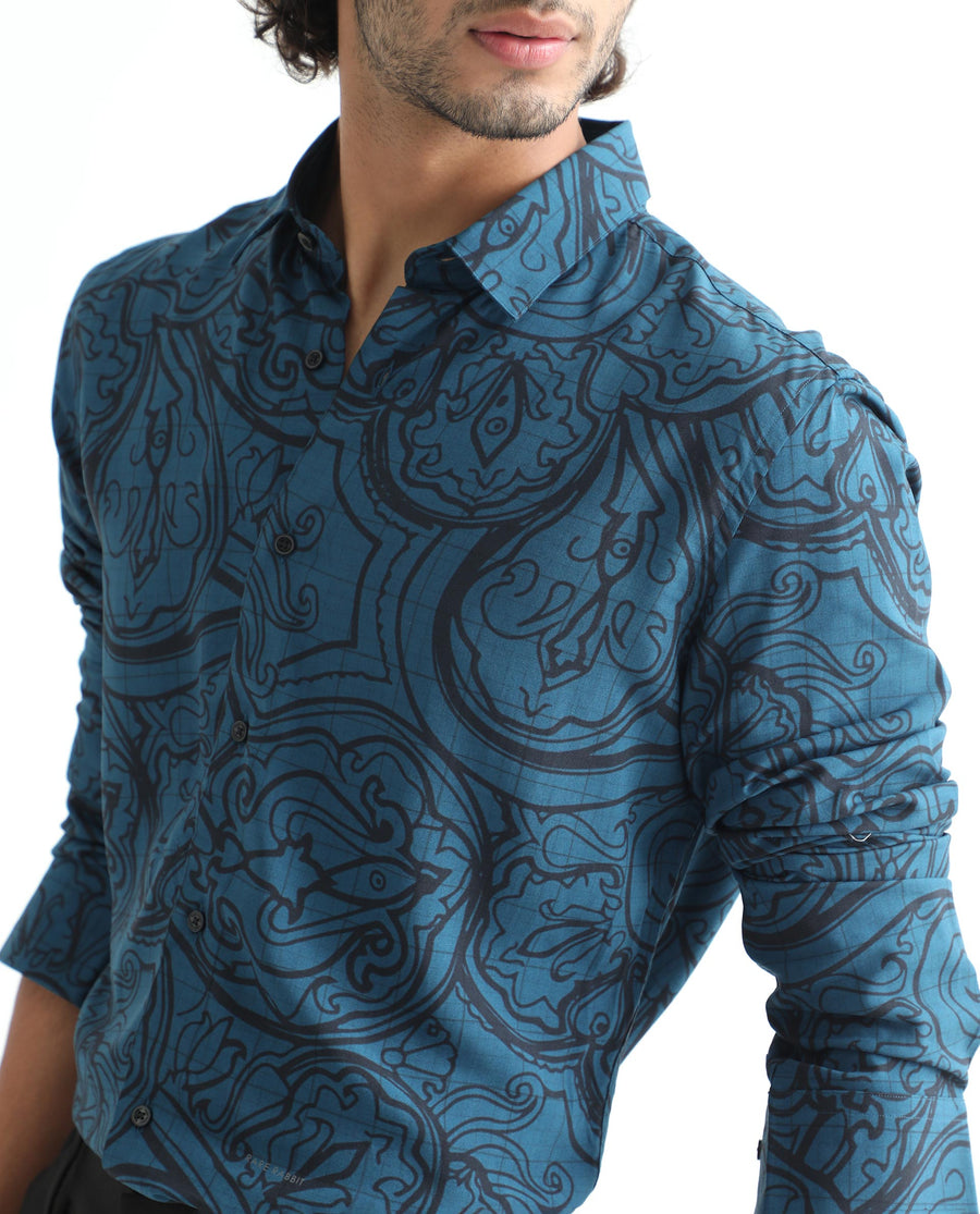 Rare Rabbit Men's Paisum Dark Blue Viscose Paisley Print Regular Fit Full Sleeve Collared Shirt