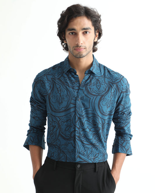 Rare Rabbit Men's Paisum Dark Blue Viscose Paisley Print Regular Fit Full Sleeve Collared Shirt