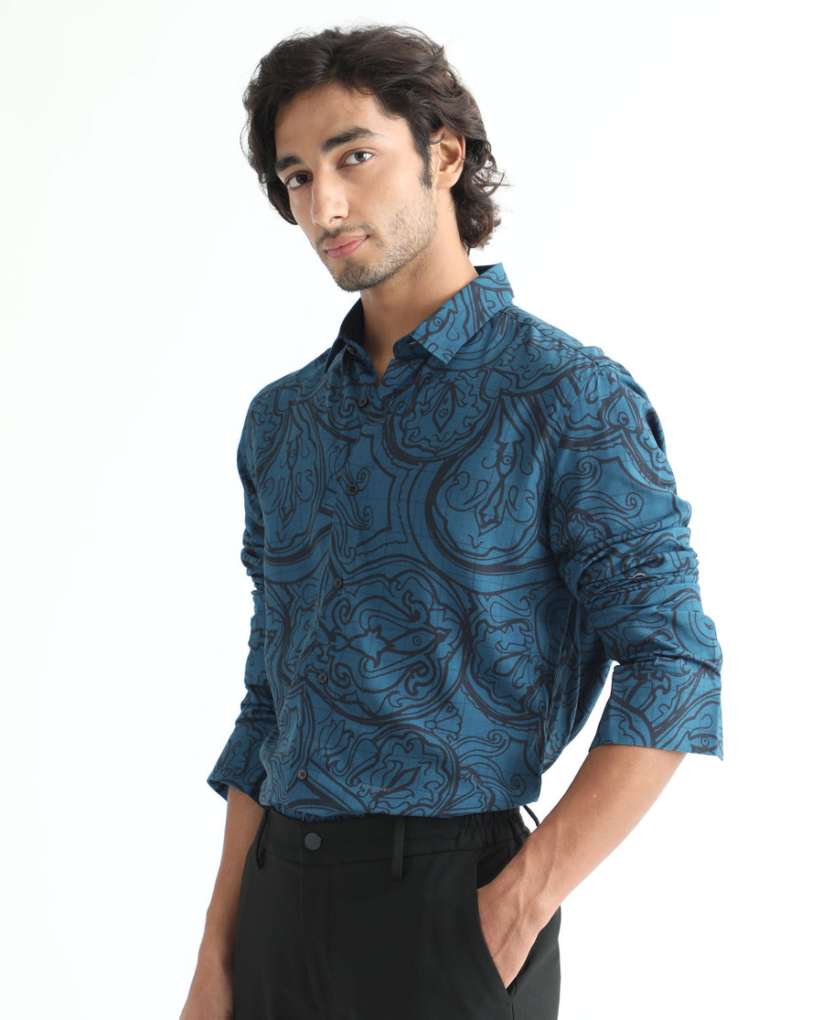 Rare Rabbit Men's Paisum Dark Blue Viscose Paisley Print Regular Fit Full Sleeve Collared Shirt