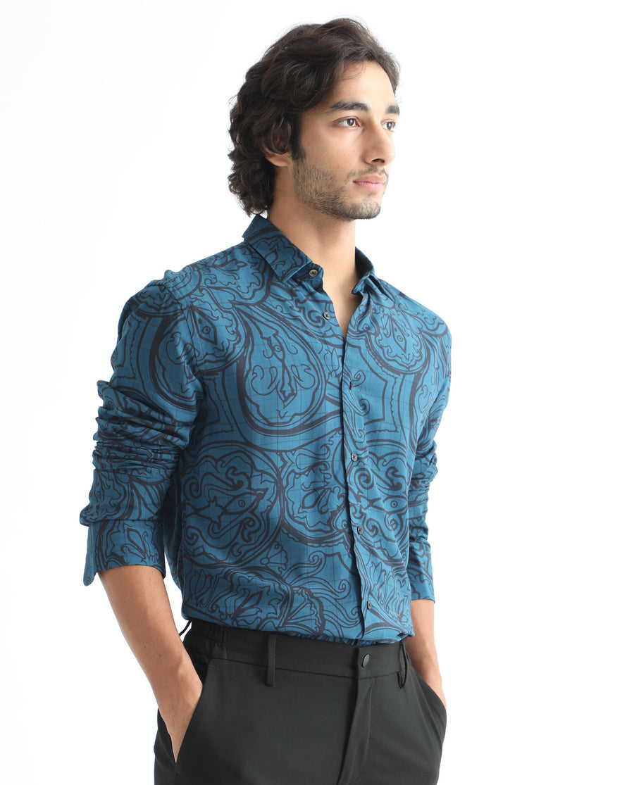 Rare Rabbit Men's Paisum Dark Blue Viscose Paisley Print Regular Fit Full Sleeve Collared Shirt