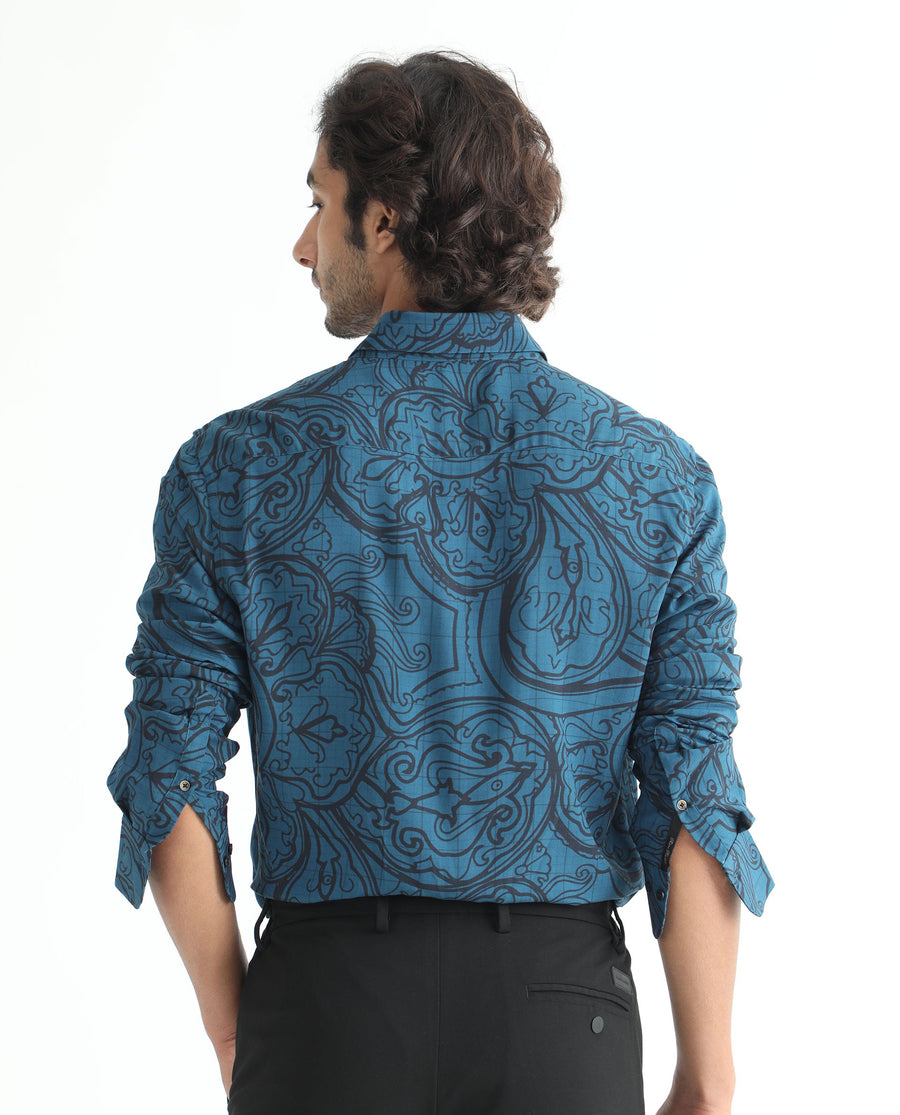 Rare Rabbit Men's Paisum Dark Blue Viscose Paisley Print Regular Fit Full Sleeve Collared Shirt