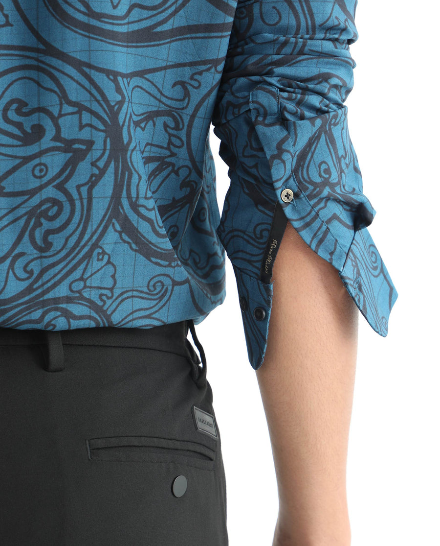 Rare Rabbit Men's Paisum Dark Blue Viscose Paisley Print Regular Fit Full Sleeve Collared Shirt