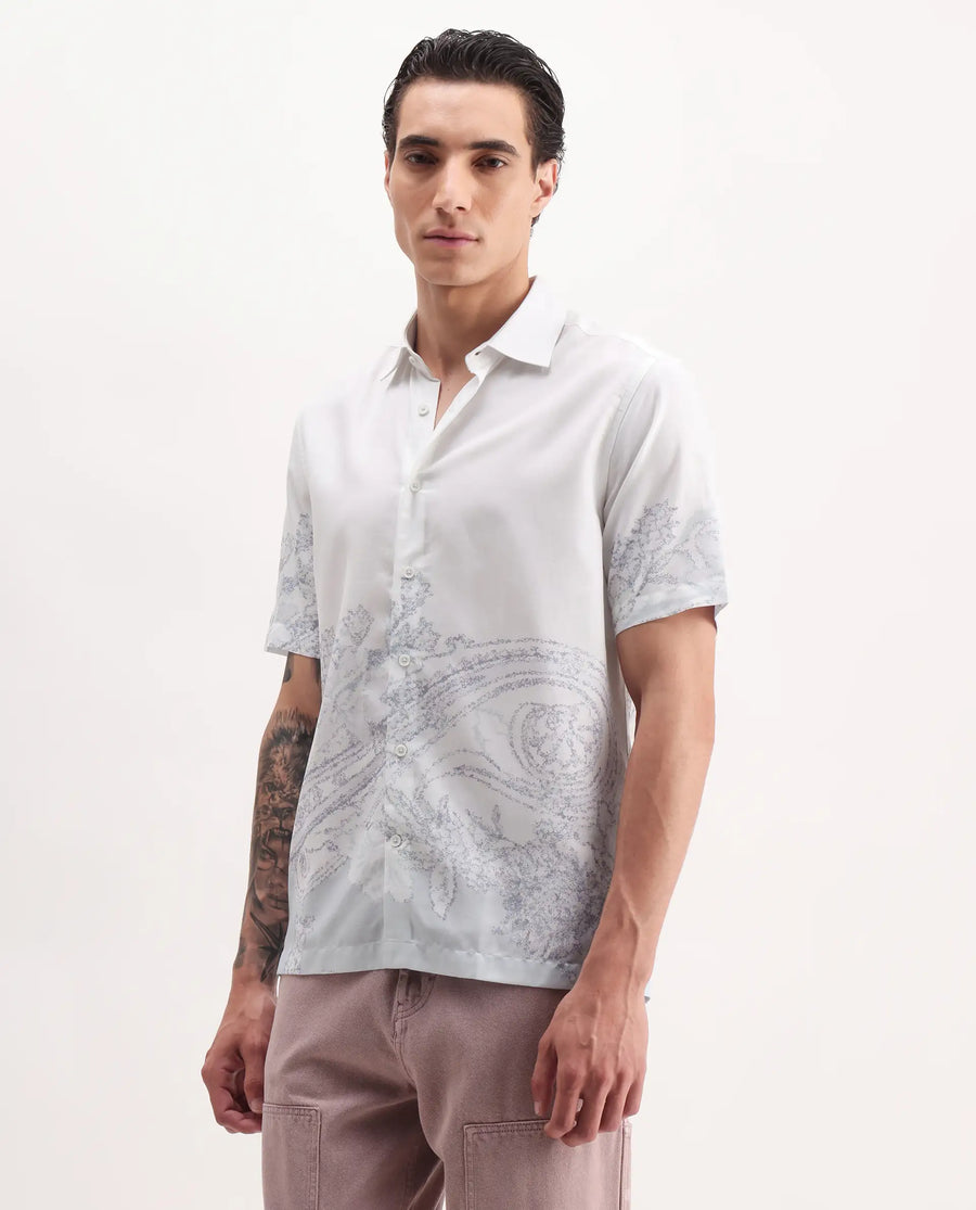 Rare Rabbit Men's Pais White Cotton Blend Paisley Print Relaxed Fit Half Sleeve Collared Shirt