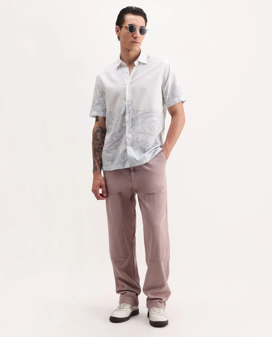 Rare Rabbit Men's Pais White Cotton Blend Paisley Print Relaxed Fit Half Sleeve Collared Shirt