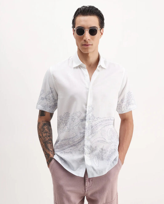 Rare Rabbit Men's Pais White Cotton Blend Paisley Print Relaxed Fit Half Sleeve Collared Shirt