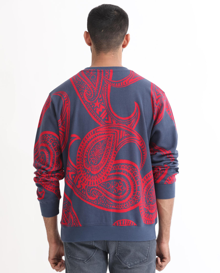 Rare Rabbit Men's Paiza Dusky Blue Cotton Paisley Print Relaxed Fit Full Sleeve Crew Neck Sweatshirt