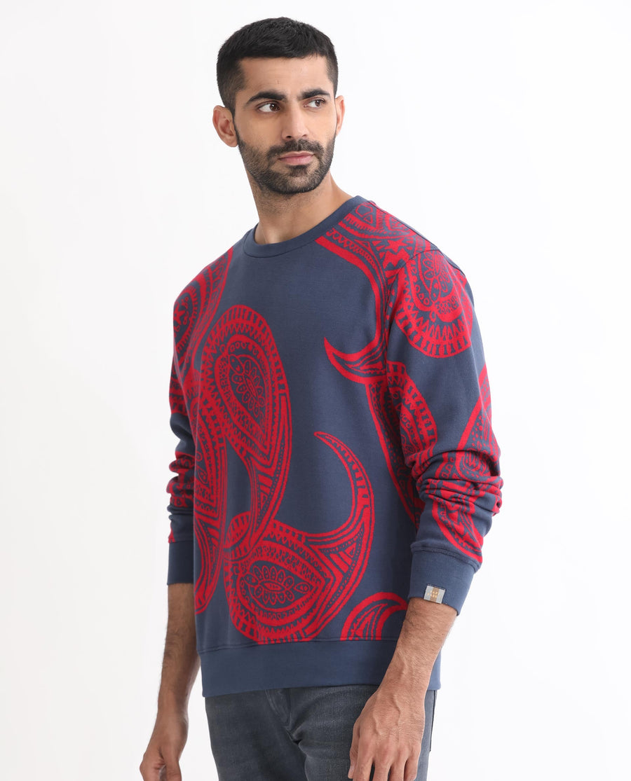Rare Rabbit Men's Paiza Dusky Blue Cotton Paisley Print Relaxed Fit Full Sleeve Crew Neck Sweatshirt