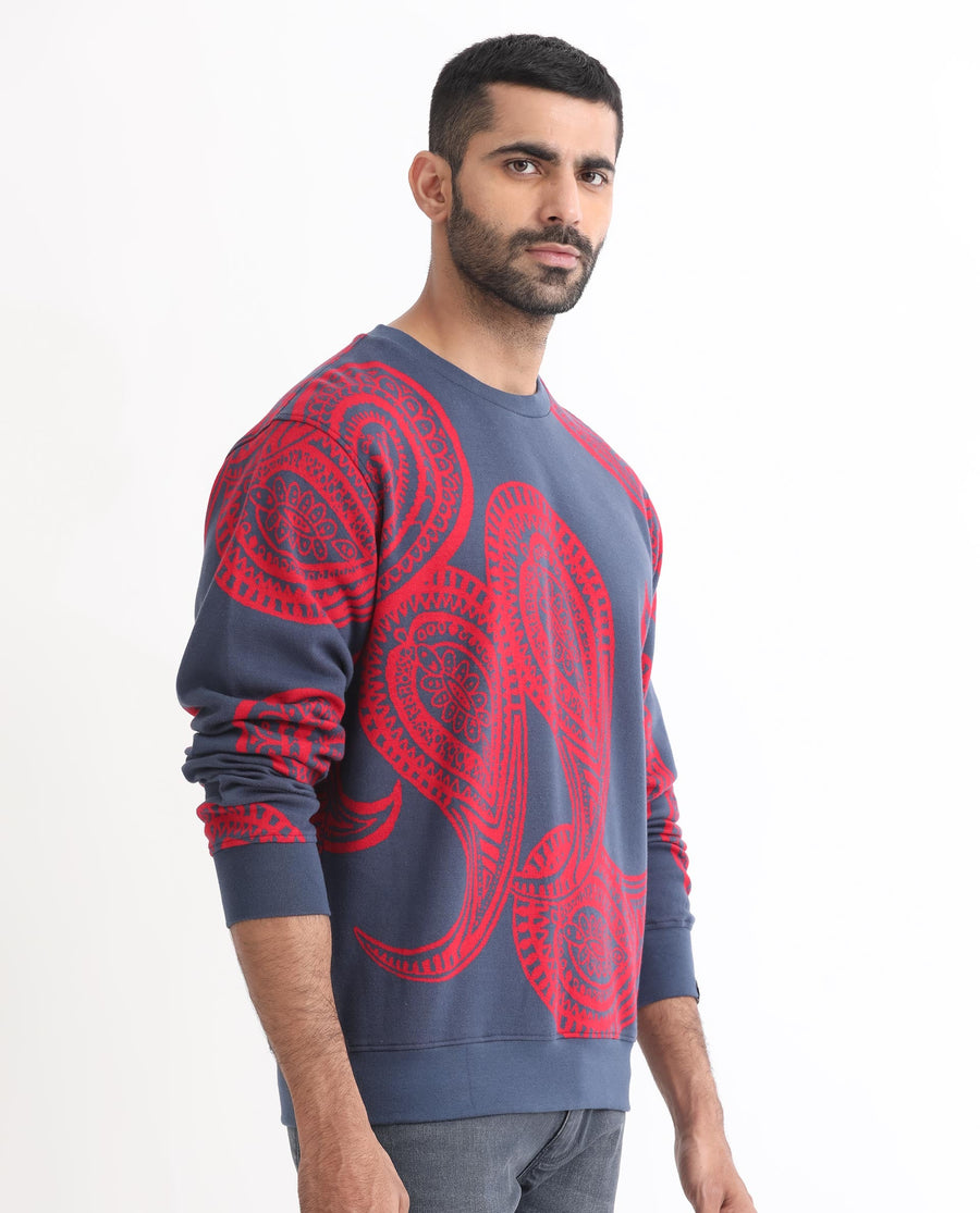 Rare Rabbit Men's Paiza Dusky Blue Cotton Paisley Print Relaxed Fit Full Sleeve Crew Neck Sweatshirt