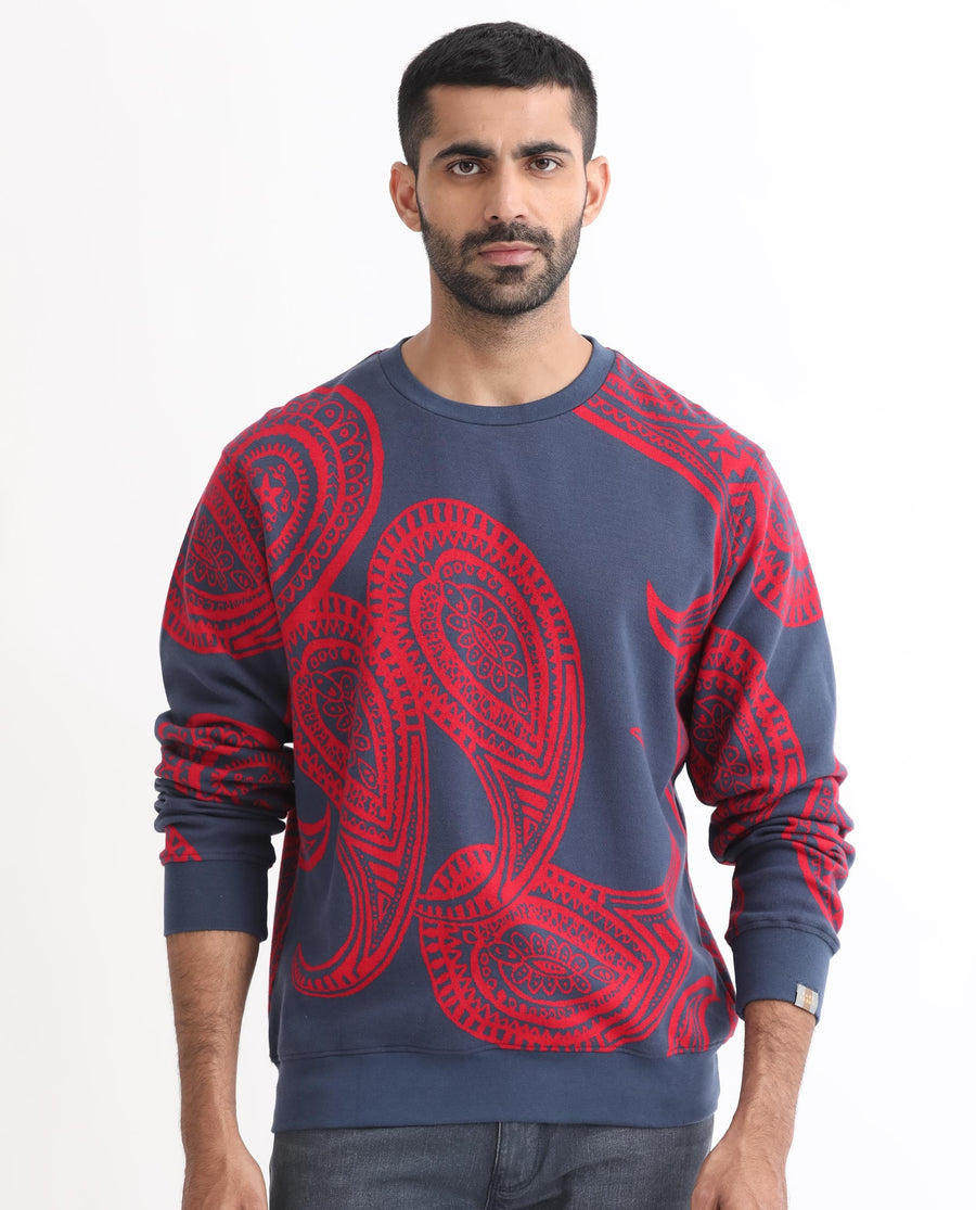 Rare Rabbit Men's Paiza Dusky Blue Cotton Paisley Print Relaxed Fit Full Sleeve Crew Neck Sweatshirt