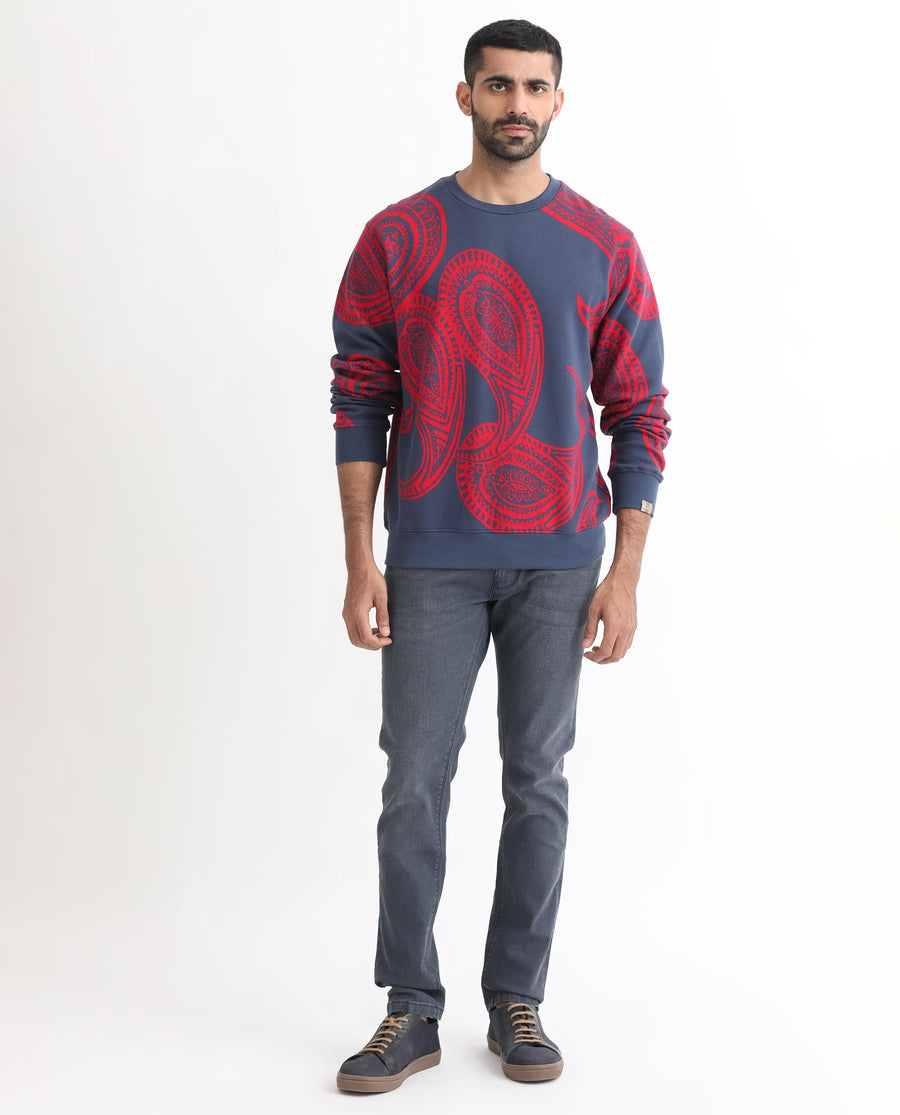Rare Rabbit Men's Paiza Dusky Blue Cotton Paisley Print Relaxed Fit Full Sleeve Crew Neck Sweatshirt