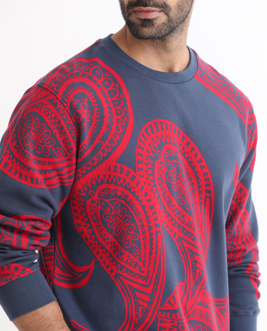 Rare Rabbit Men's Paiza Dusky Blue Cotton Paisley Print Relaxed Fit Full Sleeve Crew Neck Sweatshirt