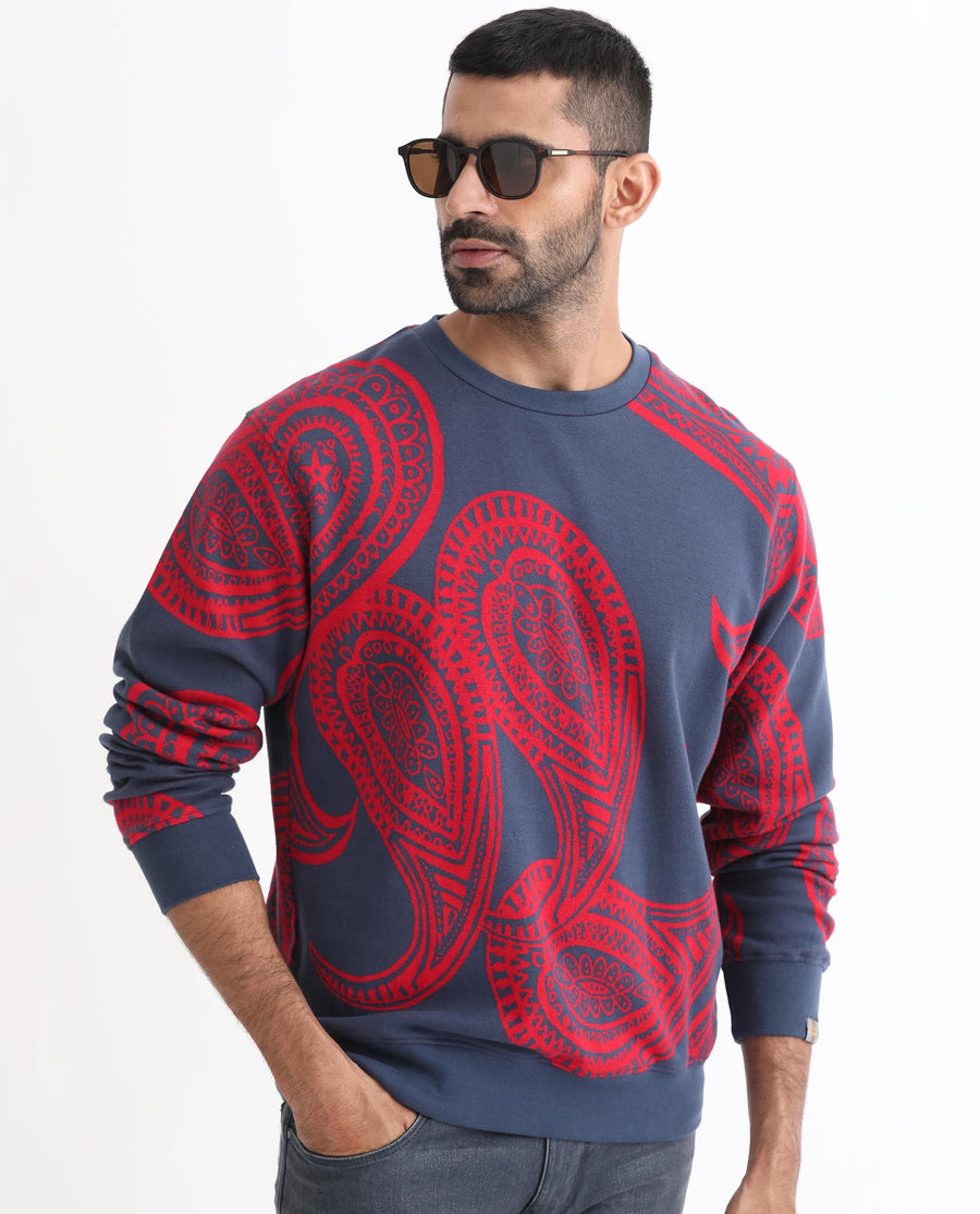 Rare Rabbit Men's Paiza Dusky Blue Cotton Paisley Print Relaxed Fit Full Sleeve Crew Neck Sweatshirt